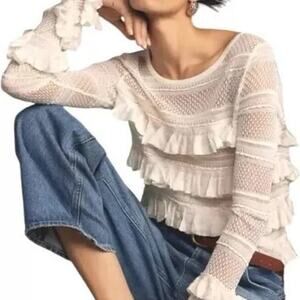 NWOT $168 ANTHROPOLOGIE L WHITE RUFFLE CROCHET KNIT CROPPED SWEATER TOP